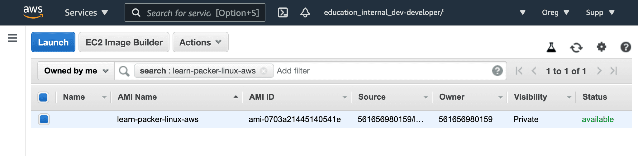 AWS AMI page showing newly created AMI